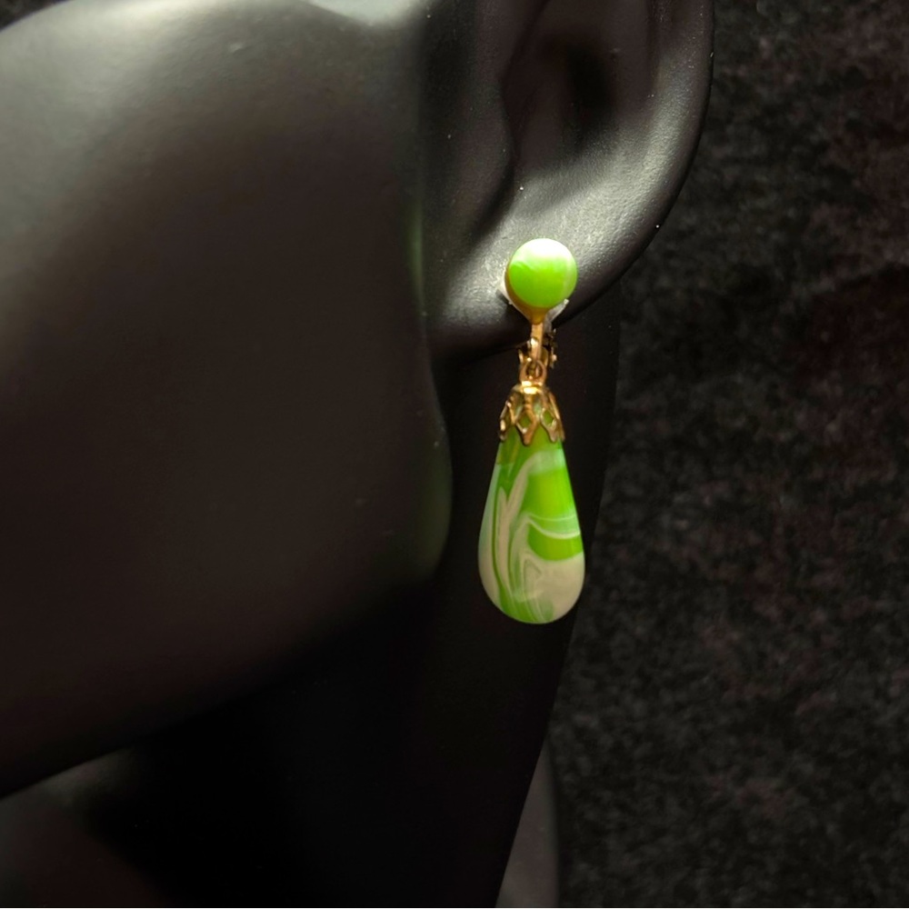 Vintage Marbled Green and White Teardrop with Gold Hardware Clip-On Earrings